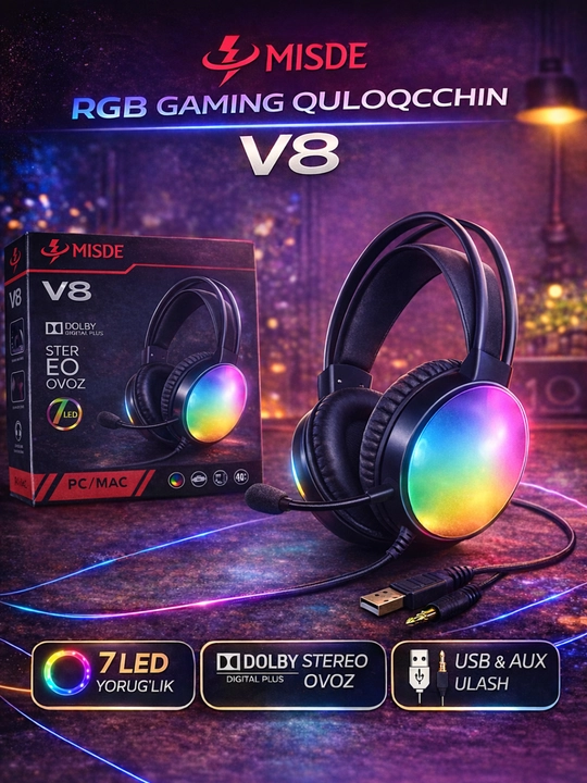 MISDE V8 RGB Gaming Quloqchin, Stereo Ovoz, Mikrofon, USB va AUX ulanish, PC uchun - 
