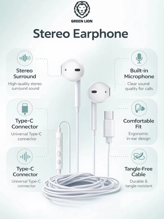 Проводные наушники Green Lion Stereo Earphone Type-C, с микрофоном без вакуумных амбушюр - 