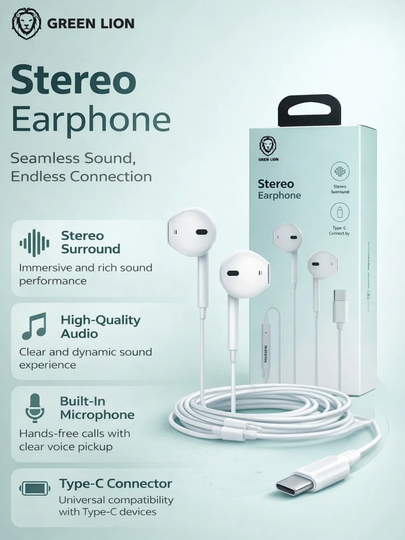 Simli quloqchinlar Green Lion Stereo Earphone Type-C, mikrofon bilan