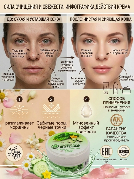 Крем Klin-Kosmetik  для лица и рук увлажняет придет упругость разглаживает морщины