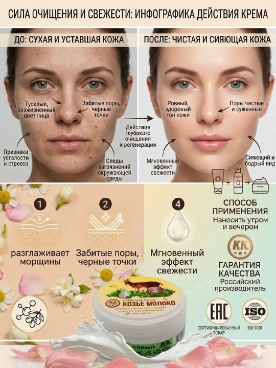 Крем Klin-Kosmetik  для лица и рук увлажняет придет упругость разглаживает морщины
