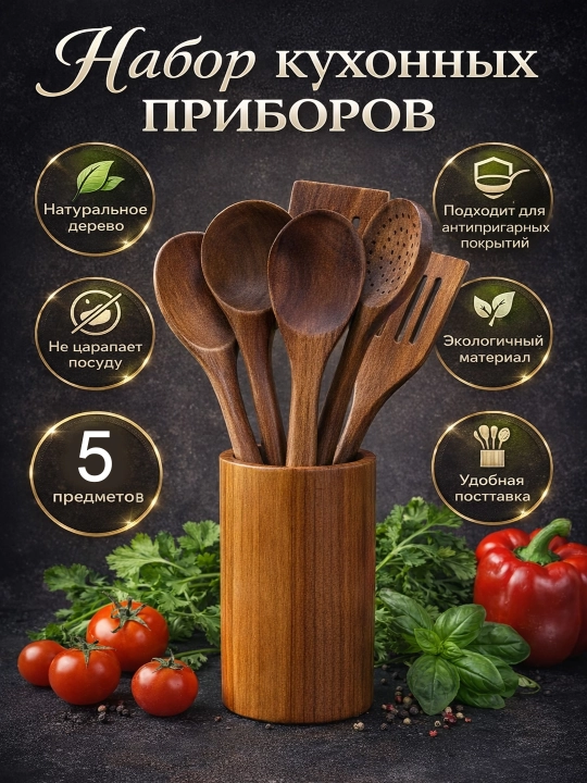Набор кухонных приборов деревянные лопатки и ложки с подставкой, кухонные аксессуары - 