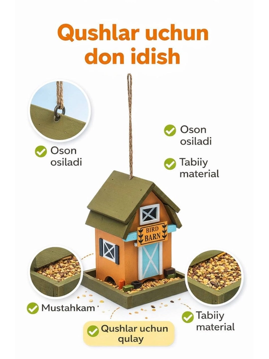 Qushlar uchun osma oziqlantirgich – Yog‘ochli dekorativ - 
