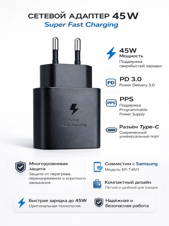 Samsung 45W Type-C zaryadchik, adapter (kabel bilan) Fast Charging 2.0 - tezkor zaryadlash