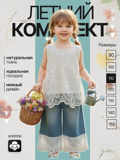 Летний джинсовый комплект для девочек с кружевом, детская одежда 90-150