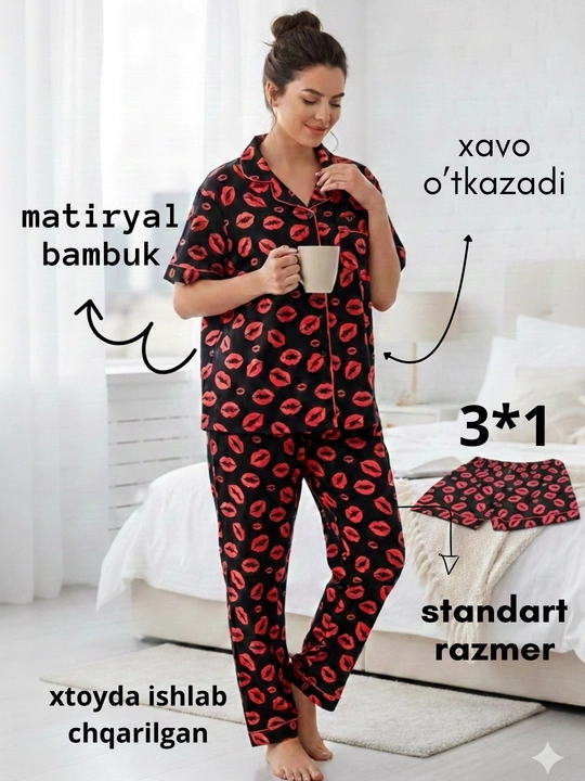 Ayollar uchun uy kiyimi – 3 qismli pijama to‘plami, yumshoq va qulay mato XL-XXL o'lchamda - 