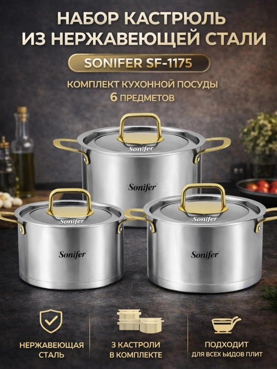 Набор посуды (набор кастрюль) Sonifer SF-1175 из нержавеющей стали 6 предметов - 