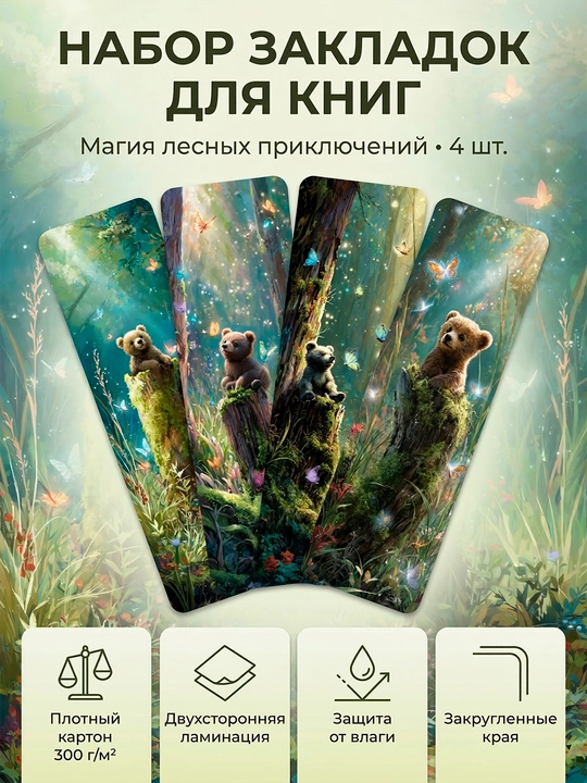 Kitob xatcho‘plari to‘plami 4 dona, laminatsiyalangan, qalin karton - 