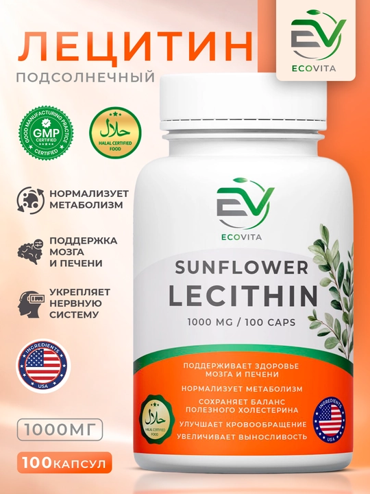 EcoVita, Lesitin 1000 mg, jigar, miya va asab tizimi salomatligi uchun, 100 kapsula - 