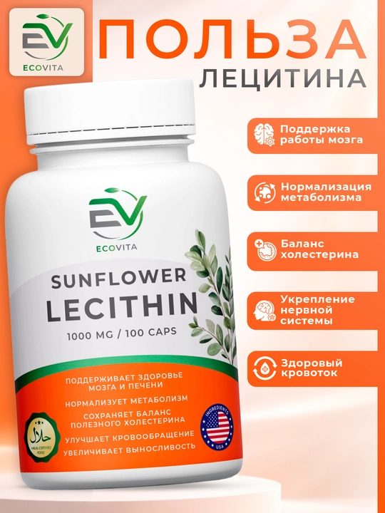 EcoVita, Лецитин 1000 мг, для здоровья печени, мозга и нервной системы, 100 капсул