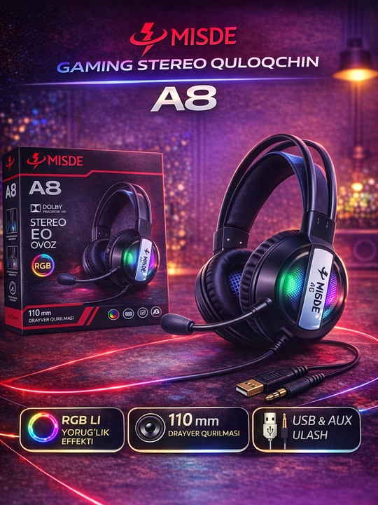 Kompyuter uchun MISDE A8 RGB o‘yin quloqliklari, stereo ovoz, mikrofon, USB va AUX - 