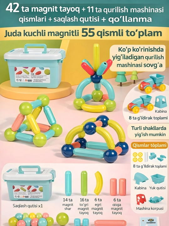 Magnitli konstruktor – bolalar uchun rivojlantiruvchi magnit tayoq va konstruktor to‘plami - 