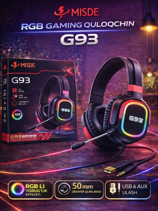 MISDE G93 RGB Gaming Quloqchin, Stereo Ovoz, Mikrofon, USB va AUX ulanish, PC - 