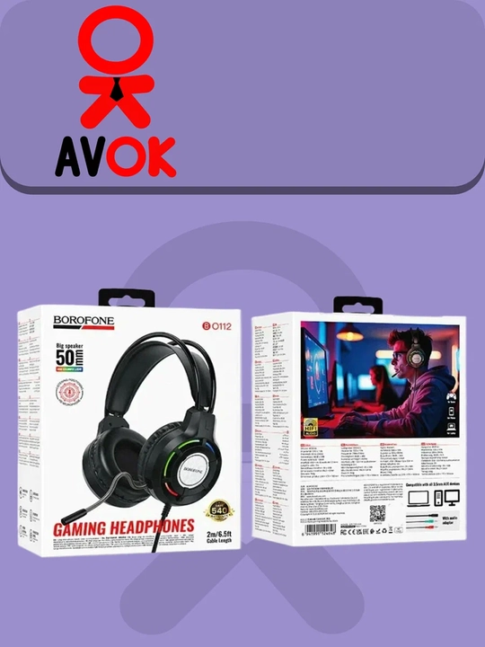 Borofone BO112 Gaming o‘yin garniturasi, simli, 50 mm, USB + 3.5 mm, mikrofon, RGB ostida