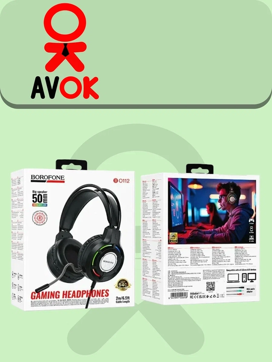 Borofone BO112 Gaming o‘yin garniturasi, simli, 50 mm, USB + 3.5 mm, mikrofon, RGB ostida