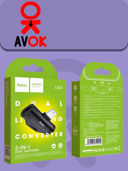 Hoco LS31 adapteri, qo‘sh Lightning, mikrofon va simli boshqaruvli audio konverter