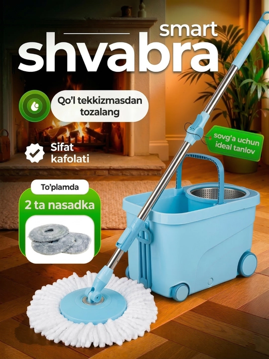 Chelak va siqgichli shvabra, 360° aylanadigan, 2 ta nasadka, po‘latdan yasalgan sentrifuga