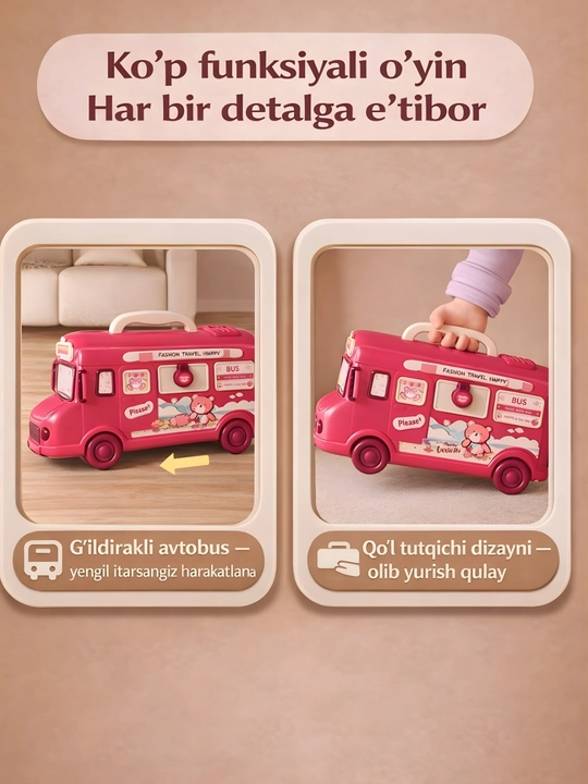 Bolalar uchun o‘yinchoq avtobus – ochiladigan uy o‘yin to‘plami, mini mebel va figuralar