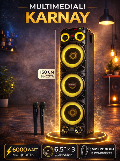 Мощная колонка Bonong Bluetooth 6000W RGB подсветка караоке 2 микрофона 150см