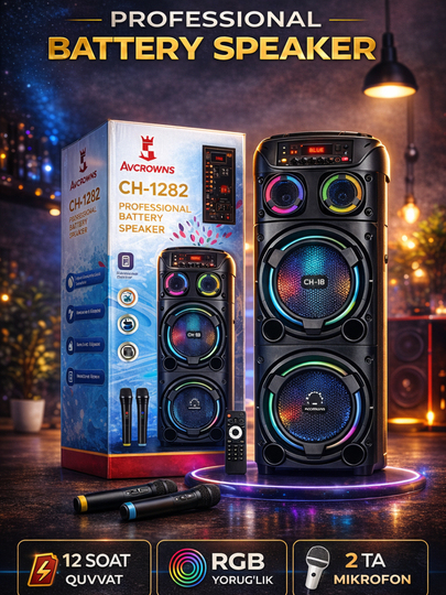 Мощная колонка Avcrowns CH-1282 Bluetooth RGB, подсветка караоке 2 микрофона - 