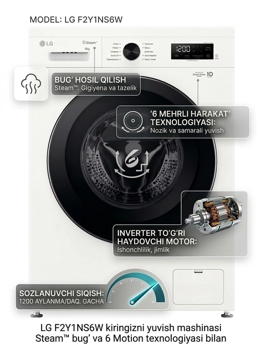 Стиральная машина LG F2Y1NS6W с паром, 6 кг, INVERTER, Smart Diagnosis™