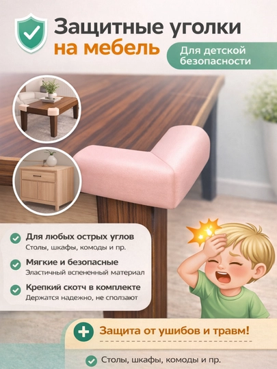 Защитные уголки для мебели, защита углов стола от детей, мягкие накладки — BABYBY-УГОЛОКПОКЕ-РОЗОВ