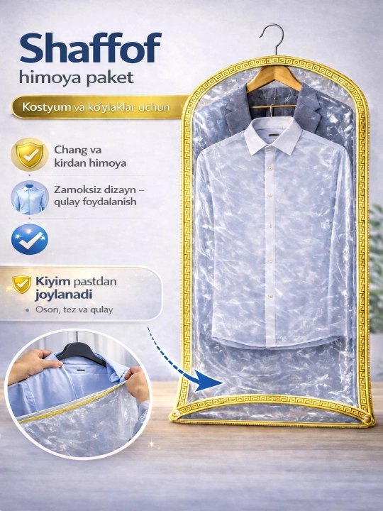 Shaffof kiyim himoya paketi kostyum va ko‘ylaklar uchun - 