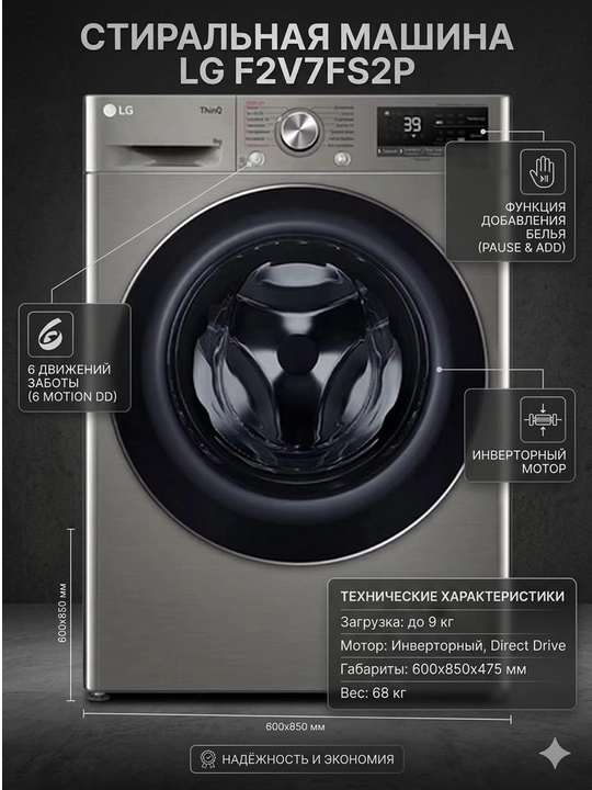 Стиральная машина LG F2V7FS2P, 9 кг, INVERTER, узкая с функцией пара - 
