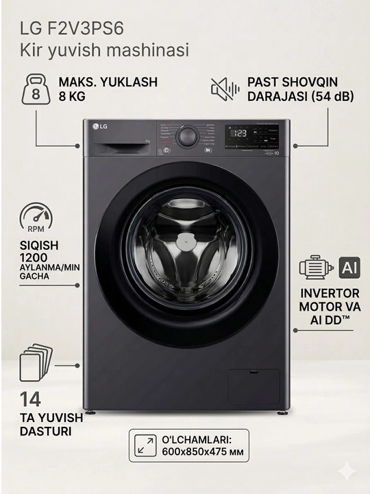 Kir yuvish mashinasi LG F2V3PS6, Inverter, AI DD, 8 kg