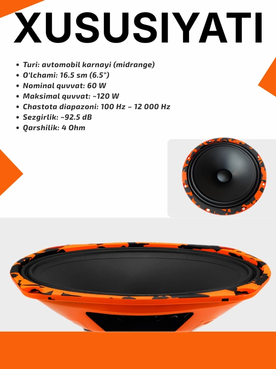 Avtomobil karnayi KARNAY midrange 16.5 sm 120 W, 4 Ohm ovoz tizimi