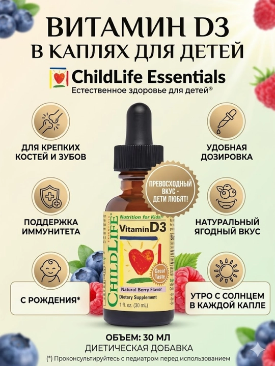 Витамин D3 для детей ChildLife (Vitamin D3) в каплях, ягодный вкус, 30 мл - 