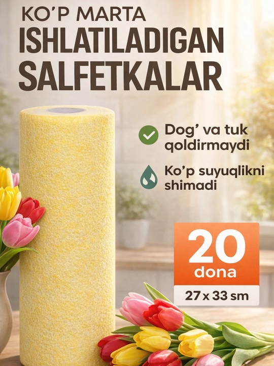 Многоразовые салфетки в рулоне, 20 шт, 27×33 см - 