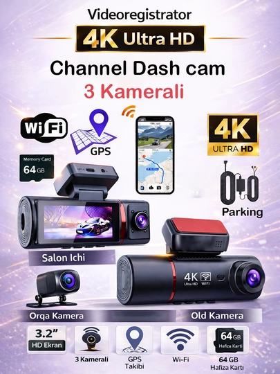 Videoregistrator Channel 3 Kamerali 4K Ultra HD WiFi GPS 64GB Parking 3.2 HD displey ekran 6