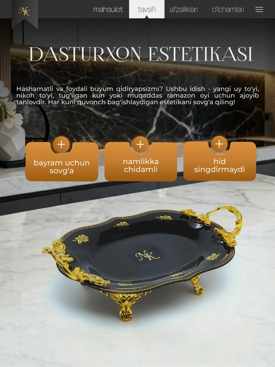 Oltin bezakli likopcha to‘plami, oyoqli idish, tarelkalar, pasudalar, oshxona idishlari 2 dona