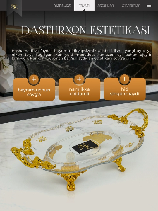 Oltin bezakli likopcha to‘plami, oyoqli idish, tarelkalar, pasudalar, oshxona idishlari 2 dona