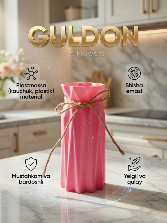 Tabiiy va sun’iy gullar uchun guldon vaza, plastik, kauchuk va plastmassa materiallardan