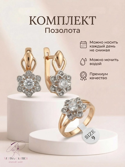 Набор украшений Xuping Stainless Steel, серьги, кольцо, в подарочной коробке — CARTEIR-NABOR2025-ЛЕДЯН-Nab18