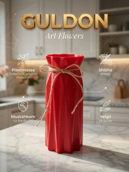 Tabiiy va sun’iy gullar uchun guldon vaza, plastik, kauchuk va plastmassa materiallardan