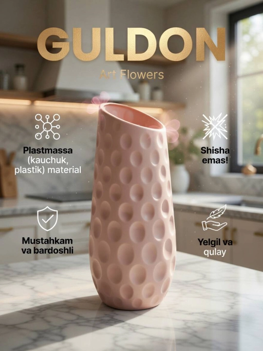 Tabiiy va sun’iy gullar uchun guldon vaza, plastik, kauchuk va plastmassa materiallardan