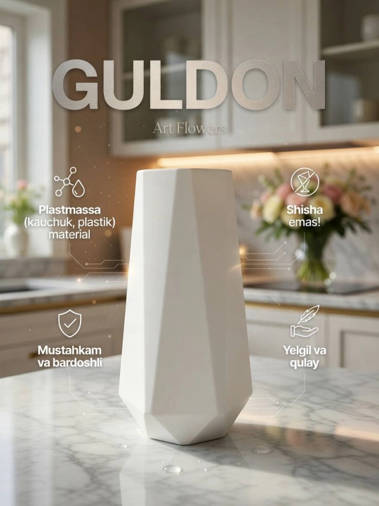 Tabiiy va sun’iy gullar uchun guldon vaza, plastik, kauchuk va plastmassa materiallardan