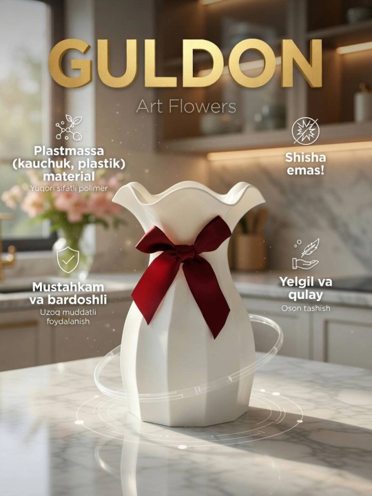 Tabiiy va sun’iy gullar uchun guldon vaza, plastik, kauchuk va plastmassa materiallardan