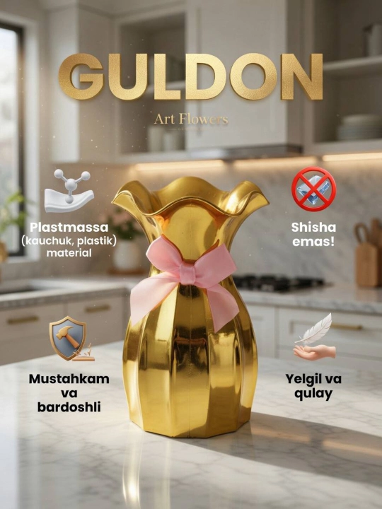 Tabiiy va sun’iy gullar uchun guldon vaza, plastik, kauchuk va plastmassa materiallardan