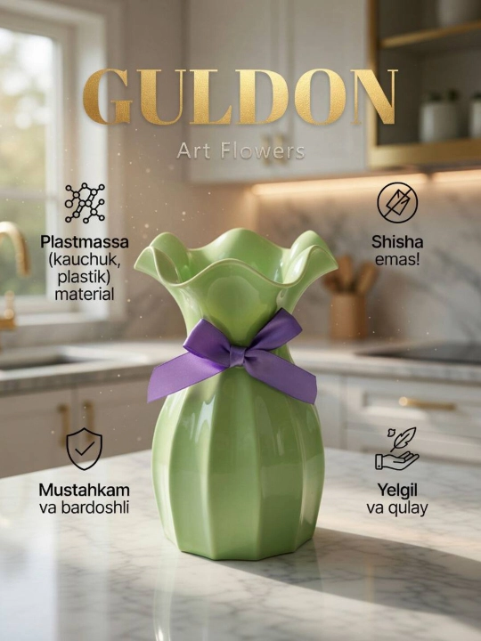 Tabiiy va sun’iy gullar uchun guldon vaza, plastik, kauchuk va plastmassa materiallardan