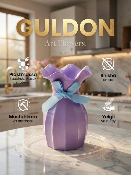 Tabiiy va sun’iy gullar uchun guldon vaza, plastik, kauchuk va plastmassa materiallardan