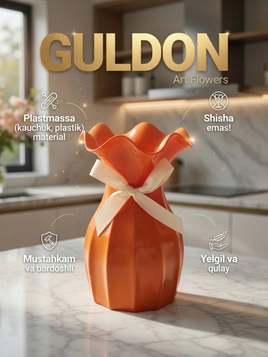 Tabiiy va sun’iy gullar uchun guldon vaza, plastik, kauchuk va plastmassa materiallardan