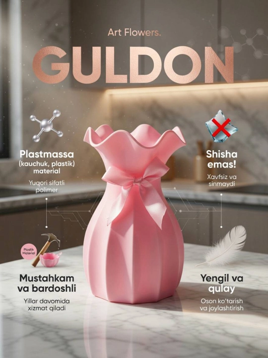 Tabiiy va sun’iy gullar uchun guldon vaza, plastik, kauchuk va plastmassa materiallardan