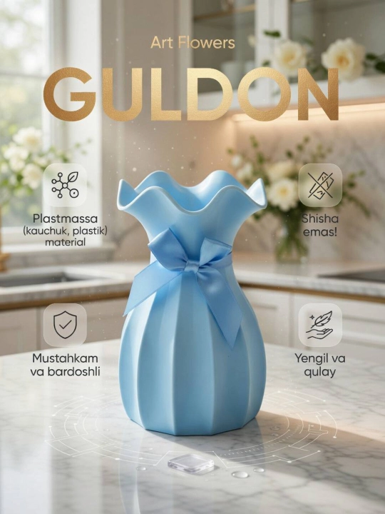 Tabiiy va sun’iy gullar uchun guldon vaza, plastik, kauchuk va plastmassa materiallardan