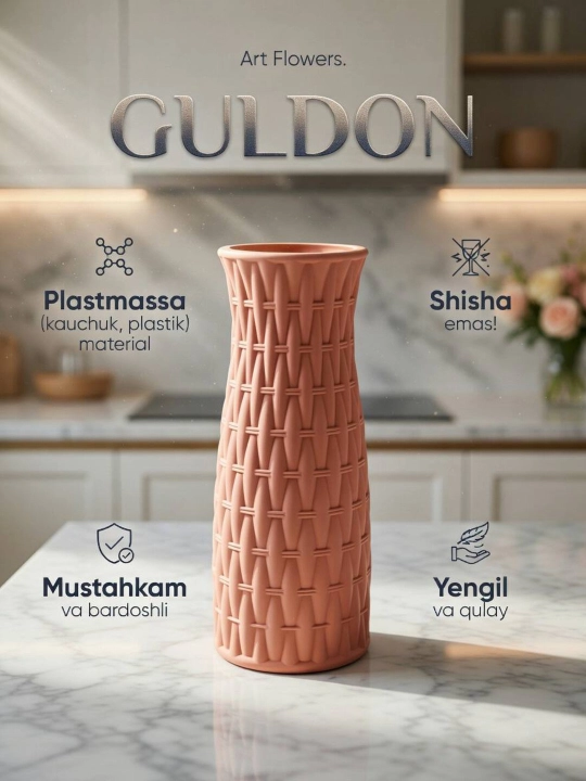 Tabiiy va sun’iy gullar uchun guldon vaza, plastik, kauchuk va plastmassa materiallardan