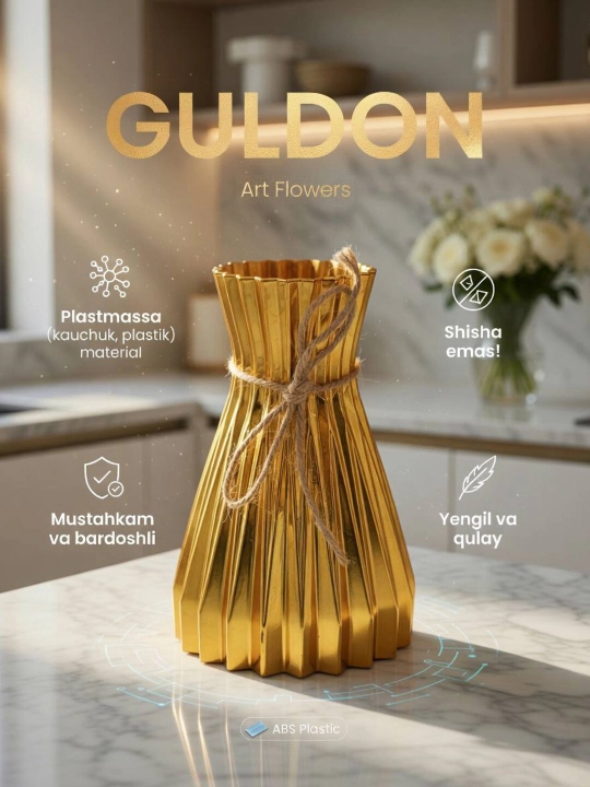 Tabiiy va sun’iy gullar uchun guldon vaza, plastik, kauchuk va plastmassa materiallardan