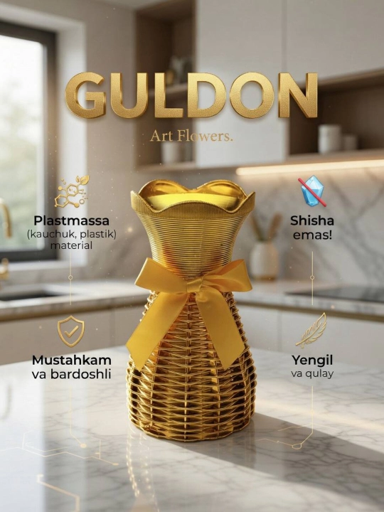 Tabiiy va sun’iy gullar uchun guldon vaza, plastik, kauchuk va plastmassa materiallardan